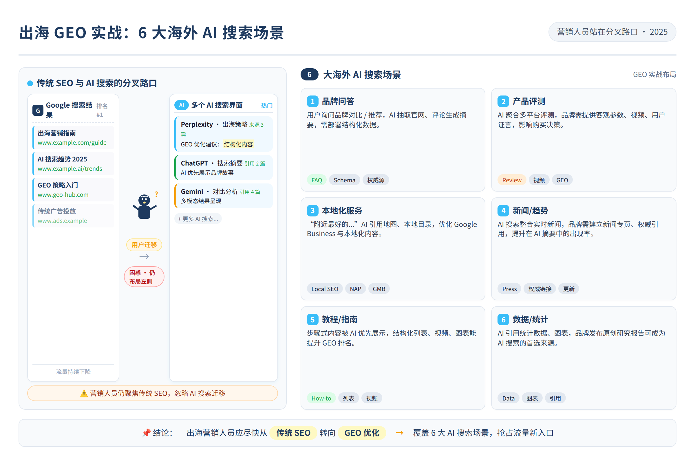 这张图展示了一个出海营销人员站在传统 SEO 与 AI 搜索的分叉路口,左边是 Google 搜索结果页,右边是多个 AI 搜索界面,用户正在从左侧向右侧迁移,但营销人员还在左边布局,表情困惑。
