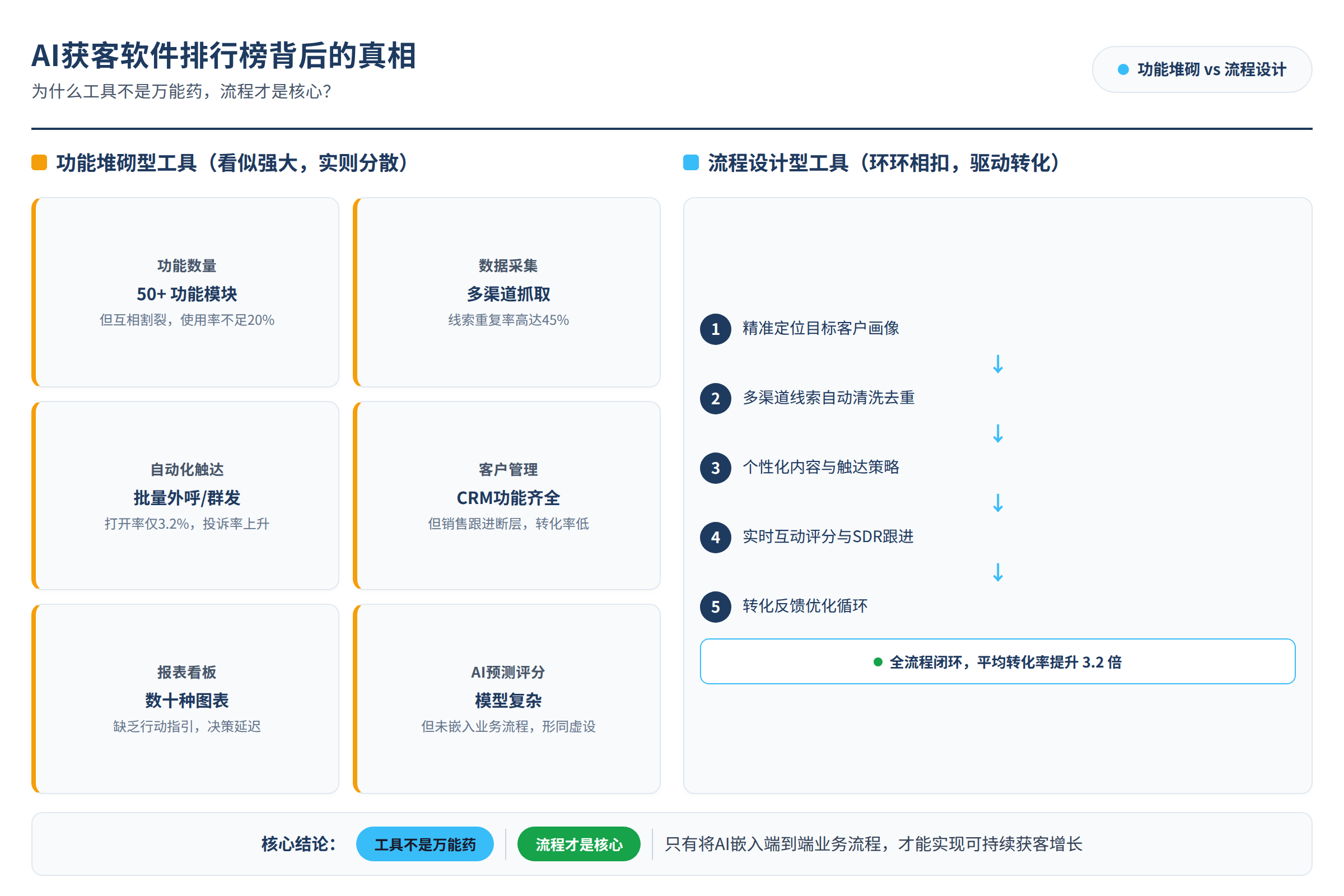 AI获客工具对比：功能堆砌与流程设计的实际差异