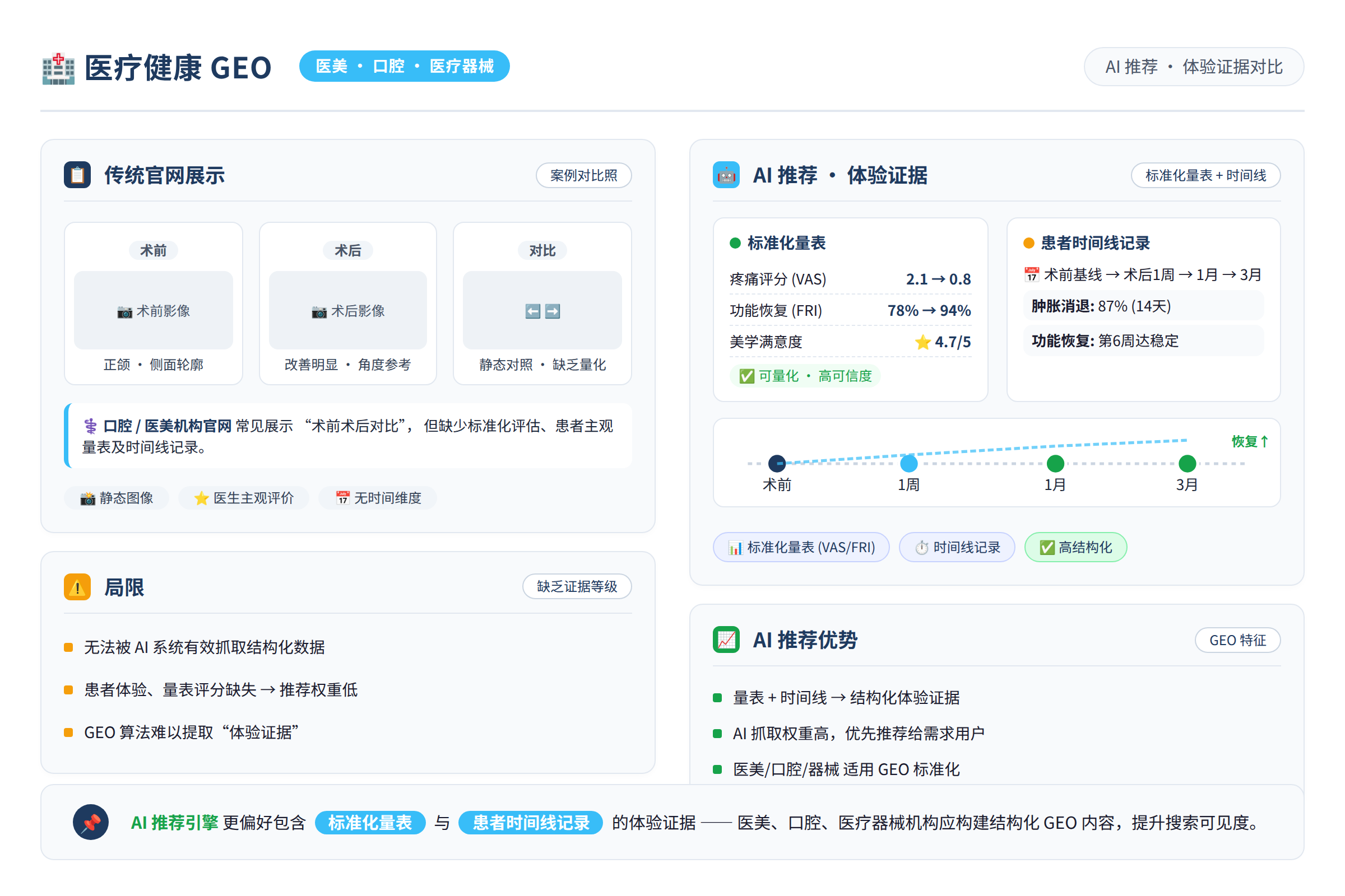一张对比图，左边是传统官网展示的案例对比照，右边是AI推荐的包含标准化量表、患者时间线记录的体验证据