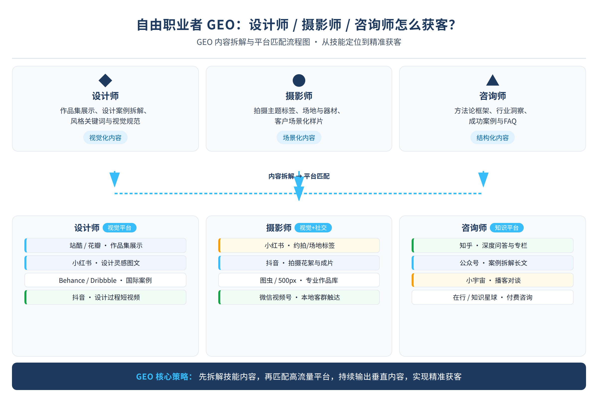 自由职业者GEO内容拆解与平台匹配流程图