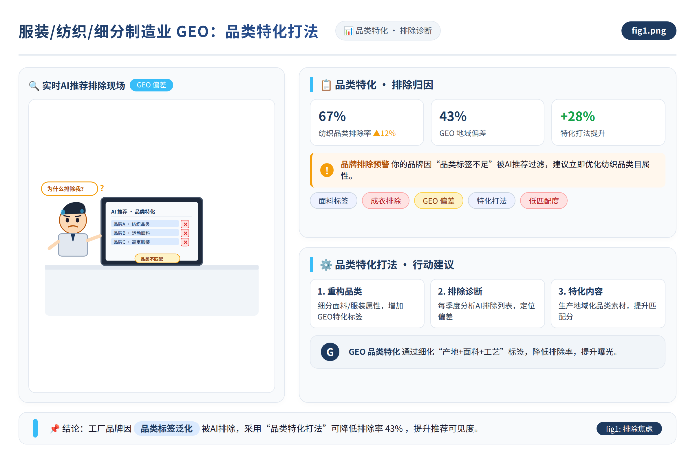 一个工厂老板盯着电脑屏幕，屏幕上显示AI搜索结果，他的品牌被排除在推荐列表之外，表情困惑而焦虑