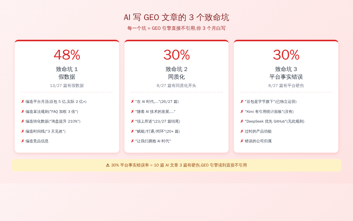 3 个致命坑 - 假数据 48%、同质化 30%、平台事实错误 30%,27 篇实测数据