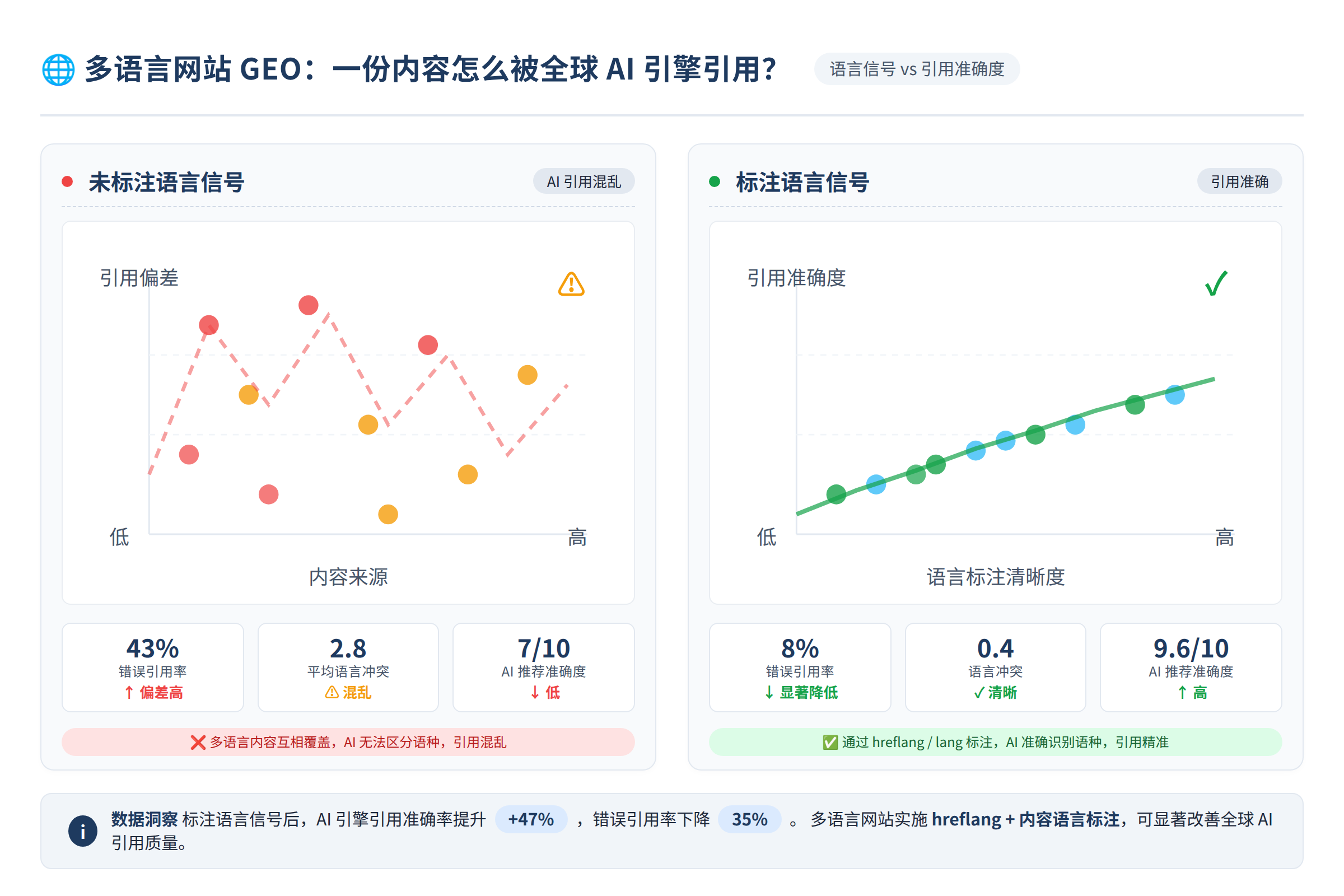 对比图，左侧是未标注语言信号时AI引用混乱，右侧是标注后引用准确，展示数据差异