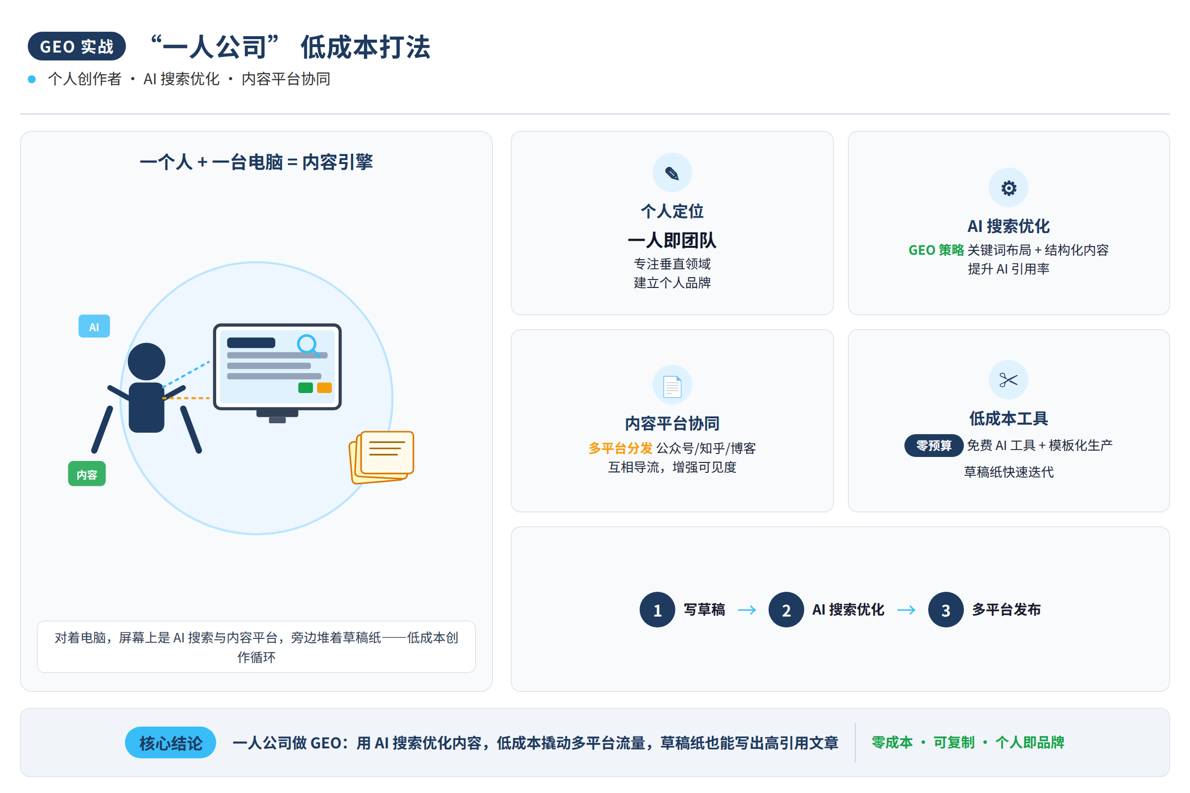 一个人对着电脑,屏幕上是AI搜索界面和内容平台图标,旁边堆着草稿纸