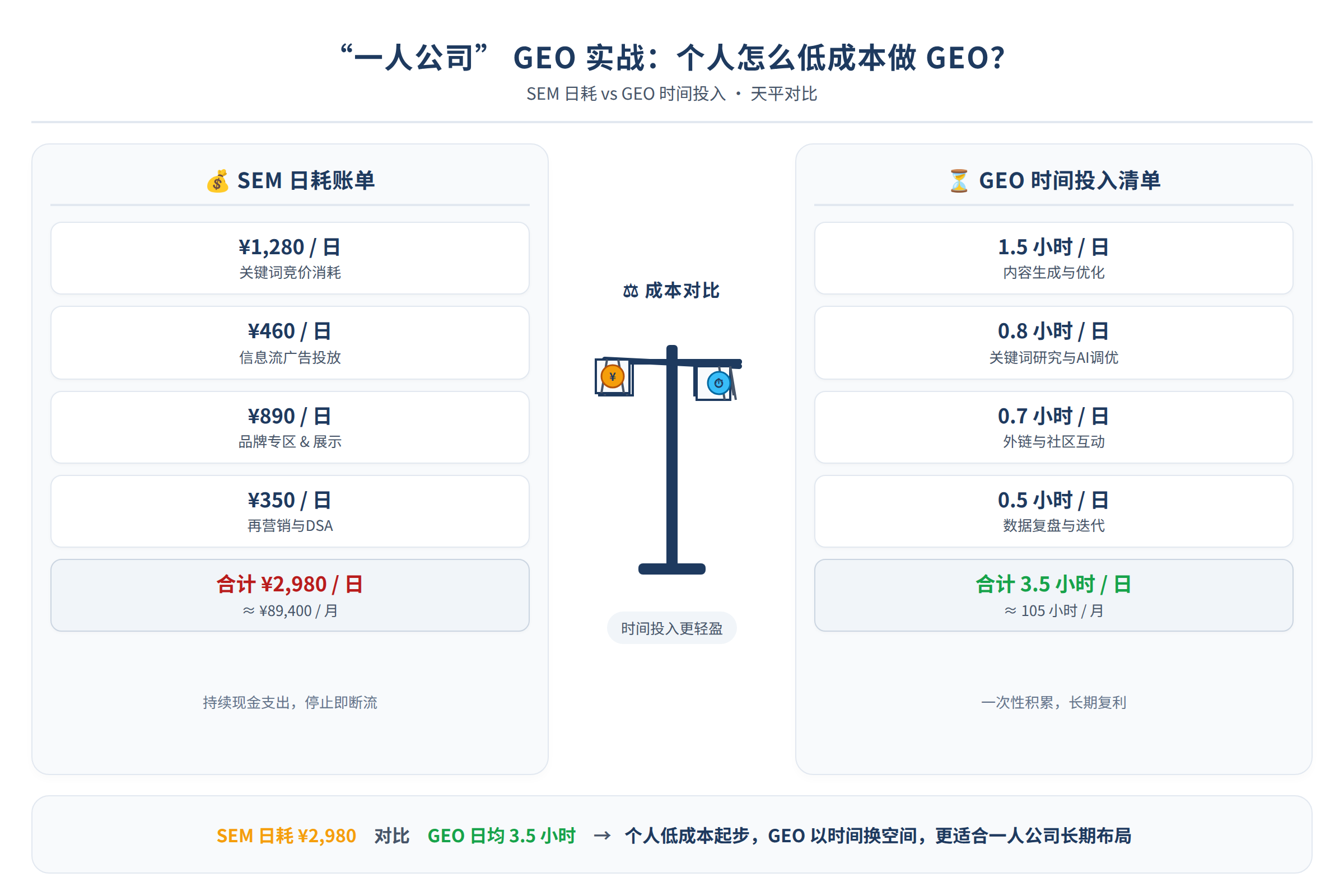 左边是SEM日耗账单,右边是GEO时间投入清单,中间一个天平